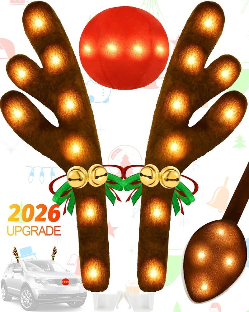 Dergo Christmas Reindeer Antlers Car Decoration Kit, Waterproof LED Lights Nose Vehicle with Jingle Bells Rudolph, Auto Holiday Accessories for SUV Van Truck Decor Warm White - Image 1
